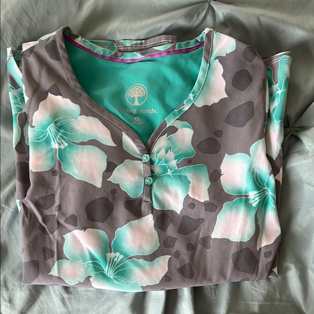 Healing Hands Gray and Teal Floral Scrubs Top